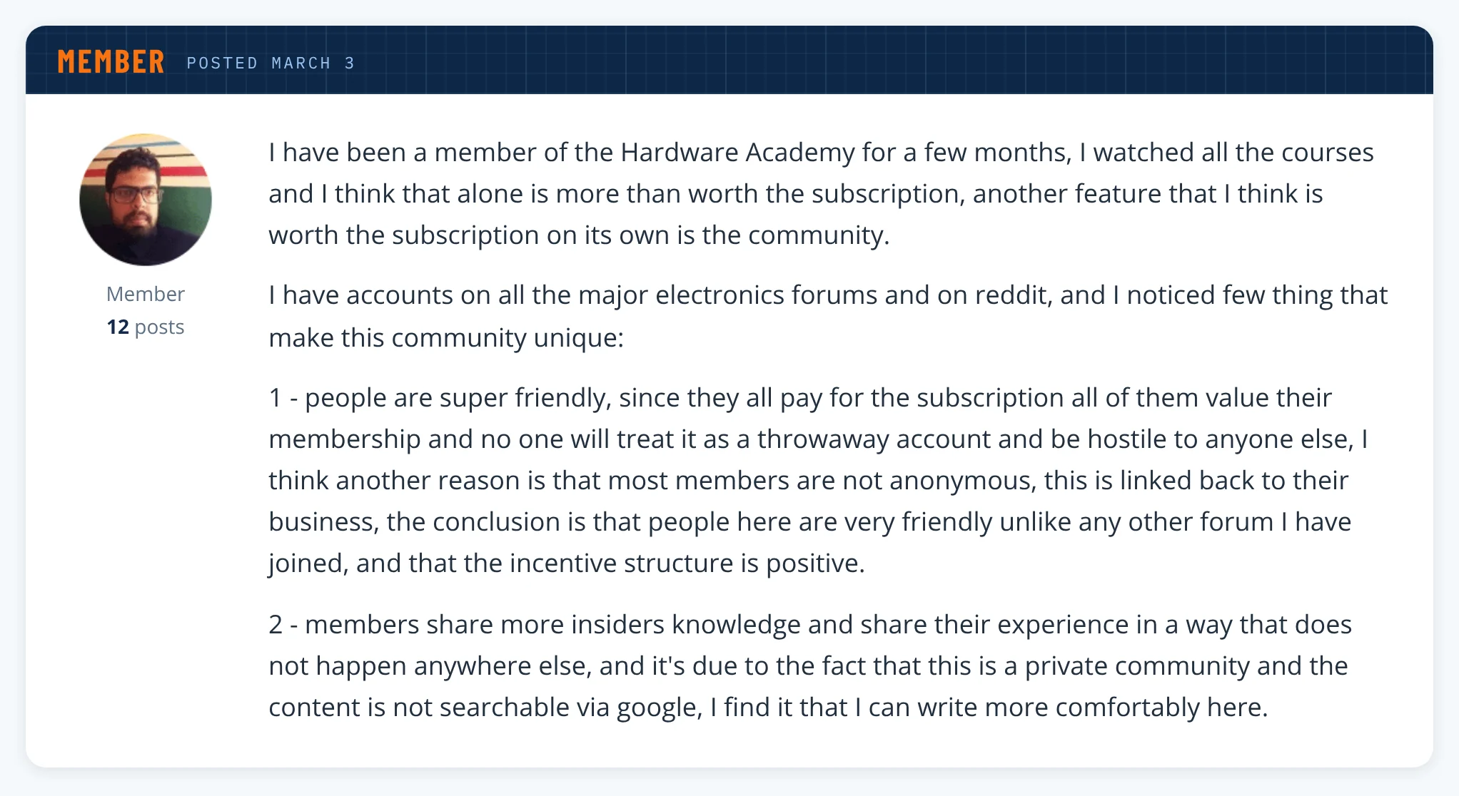 Hardware Academy member post about the community