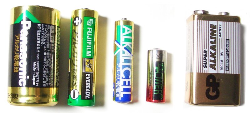 Alkaline batteries come in a wide variety of sizes.