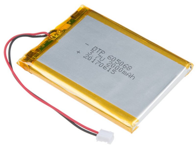 Lithium-polymer battery. Note the small embedded PCB with protection circuitry