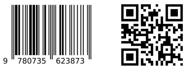 Examples of a UPC bar code (left) and QR code (right).